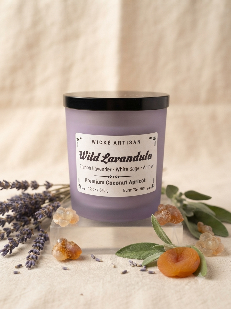 A lavender-colored jar candle with a black lid and a white label reading 'Wické Artisan Wild Lavandula', styled on a neutral fabric surface with lavender sprigs, green leaves, and dried apricots.