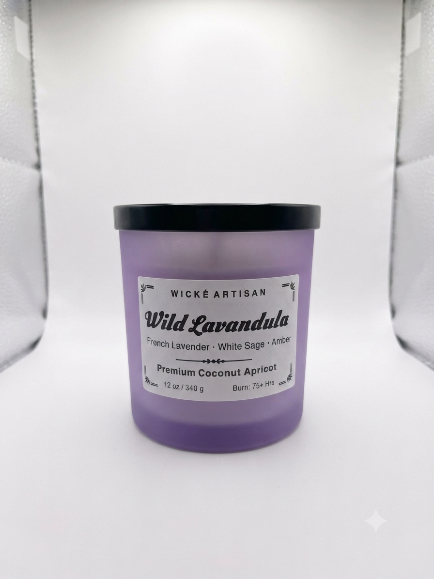 A purple glass jar candle with a black lid and a white label reading 'WICK E ARTISAN Wild Lavandula' on a white background.