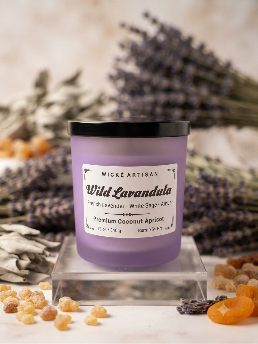 A lavender scented candle by Wické Artisan in a frosted glass jar with a black lid, displayed on a clear acrylic block with dried lavender, apricots, and botanicals in the background.