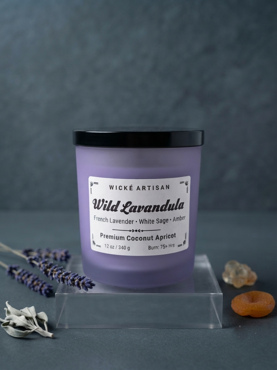 A lavender scented candle by Wické Artisan in a frosted glass jar with a black lid, displayed on a clear acrylic riser with lavender sprigs and dried apricots on a dark gray background.