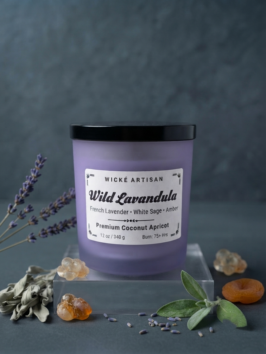 A lavender scented candle by Wické Artisan in a frosted glass jar with a black lid, styled on a dark gray background with lavender sprigs, dried flowers, crystals, and apricots.