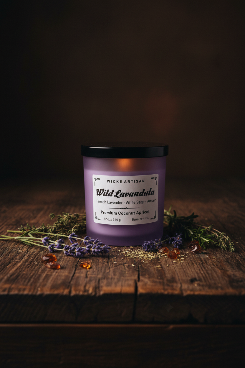 A purple glass jar candle with a black lid and a white label reading 'WICK E ARTISAN Wild Lavandula' on a white background.