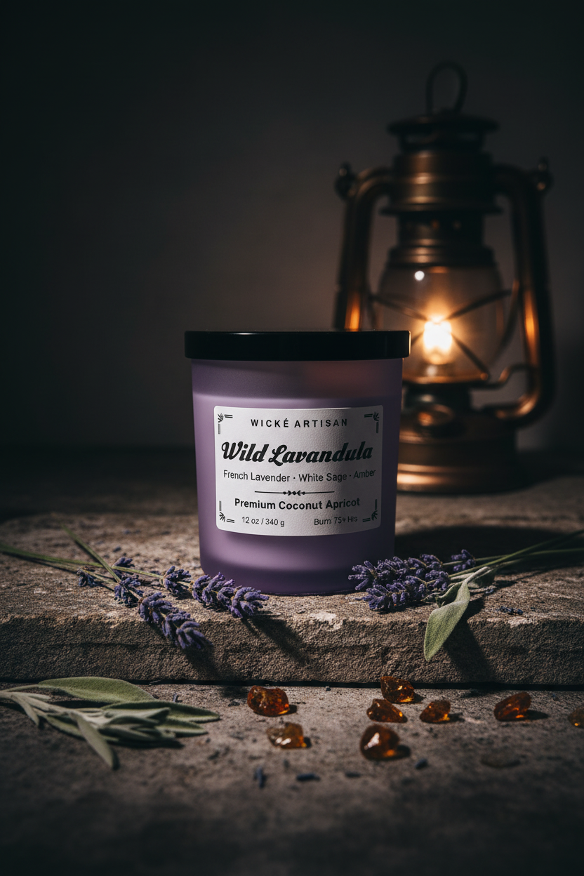 A purple glass jar candle with a black lid and a white label reading 'WICK E ARTISAN Wild Lavandula' on a white background.