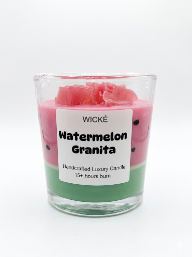 Wické Watermelon Granita candle in a glass container on a white background
