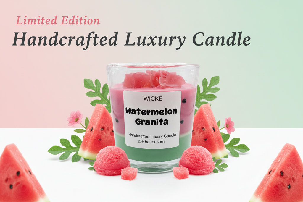 Wické Watermelon Granita candle in a glass container on a white background