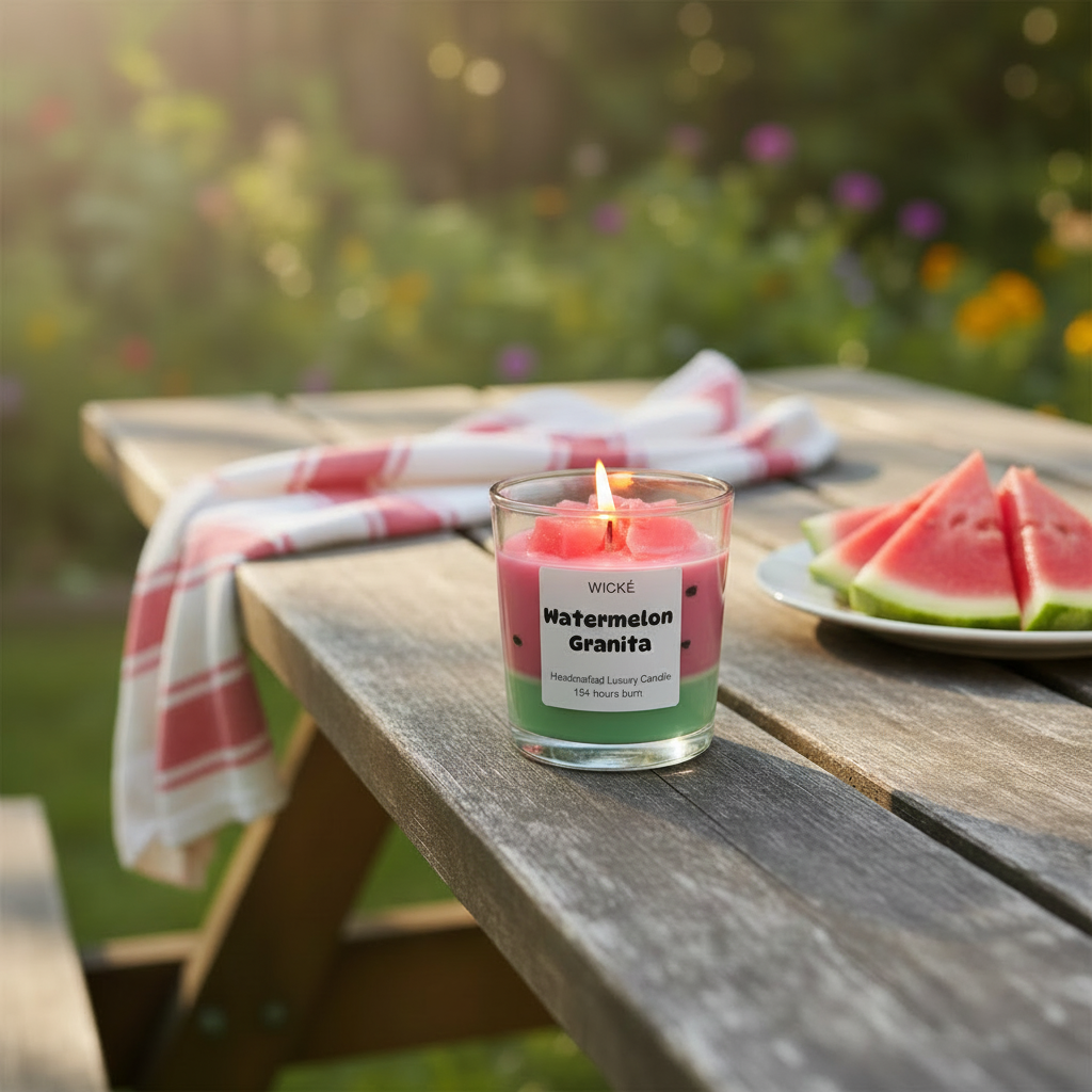 Wické Watermelon Granita candle in a glass container on a white background