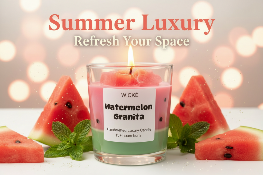 Wické Watermelon Granita candle with watermelon slices and mint leaves on a blurred bokeh background.