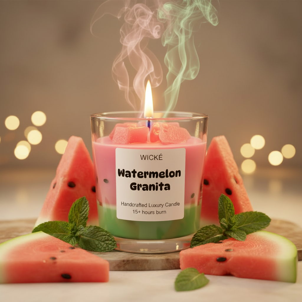 Wické Watermelon Granita candle in a glass container on a white background