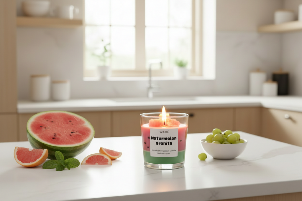 Wické Watermelon Granita candle in a glass container on a white background