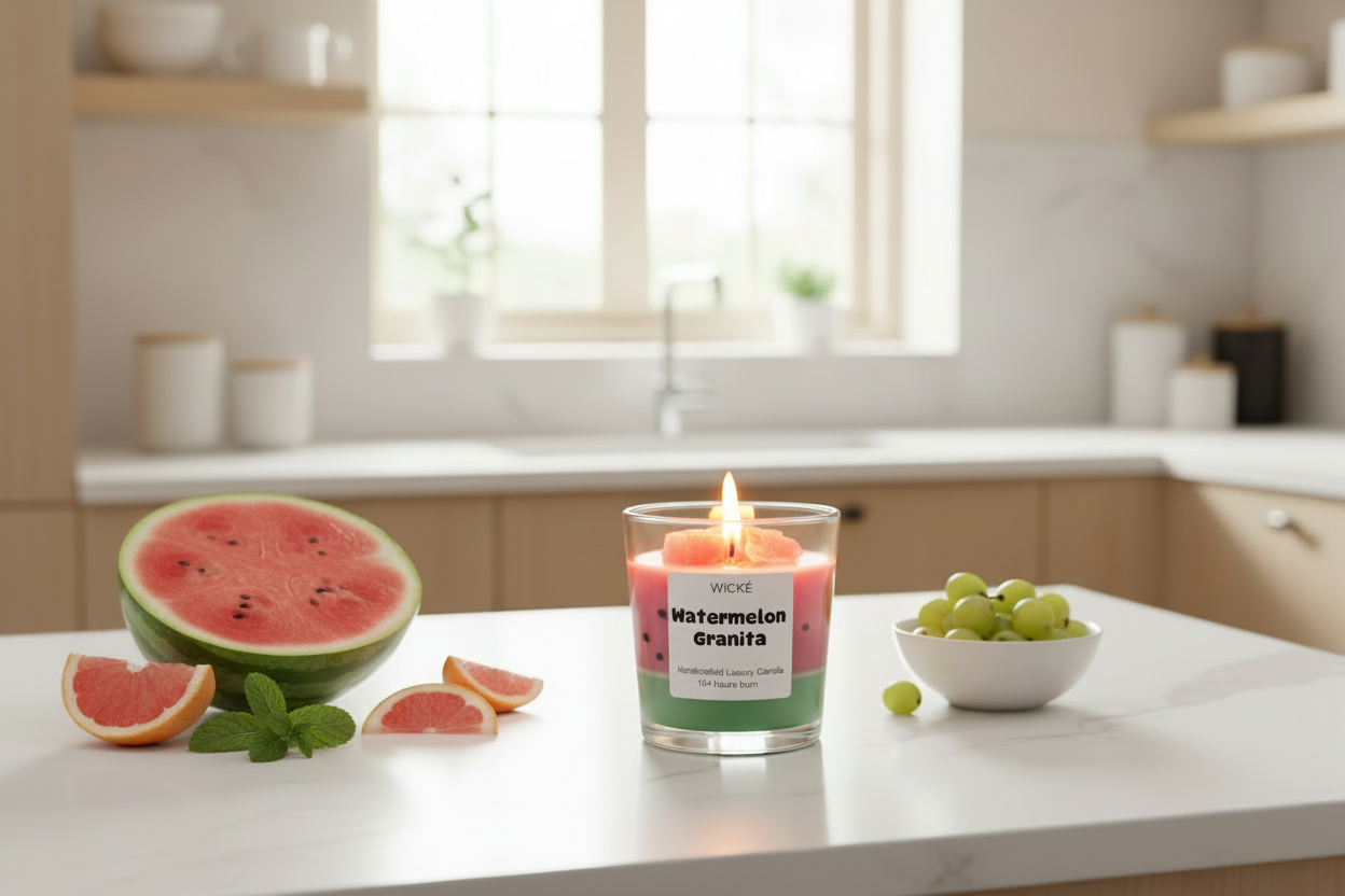 Wické Watermelon Granita candle in a glass container on a white background