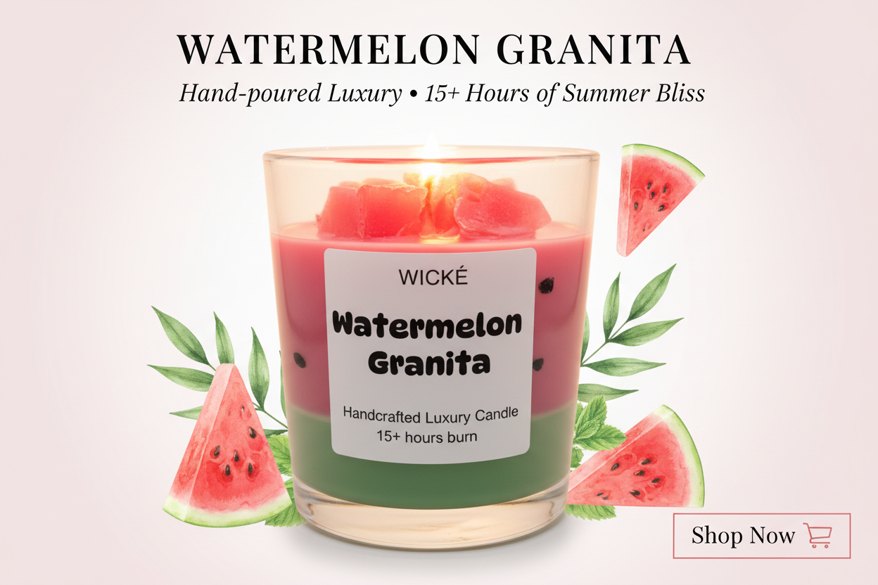 Wické Watermelon Granita candle in a glass container on a white background
