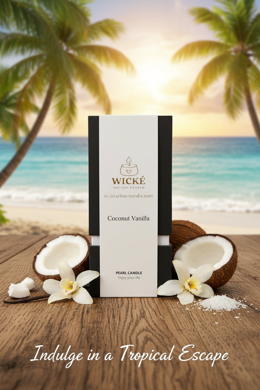 A single box of Wické Coconut Vanilla Pearl Wax Candle centered on a rustic wooden table. It is beautifully framed by cracked coconut halves, a sprinkle of wax pearls, and vanilla orchid blossoms. The background opens up to a sun-drenched tropical beach with palm trees and a soft sunset glow, featuring the elegant white text, "Indulge in a Tropical Escape."