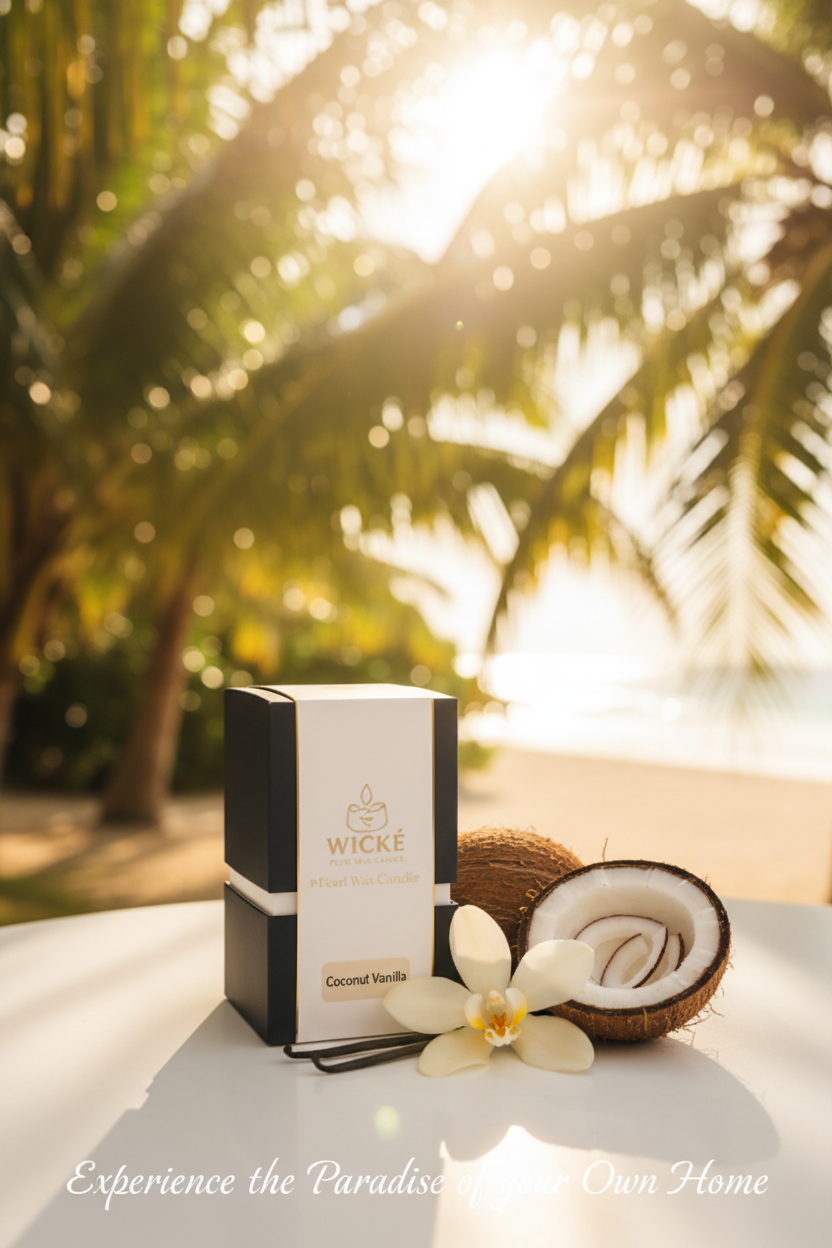 A single box of Wické Coconut Vanilla Pearl Wax Candle sitting on a bright white surface. It is flanked by a whole vanilla orchid flower with pods and an open coconut. The background is a stunning, sun-drenched beach with palm trees, and elegant script at the bottom reads, "Experience the Paradise of your Own Home."