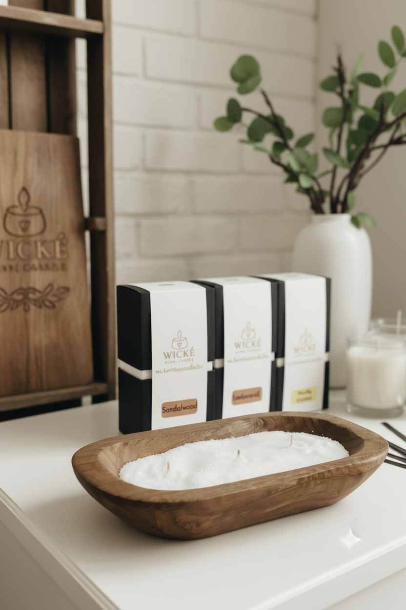 Wické artisan pearl candle wax displayed in a rustic wooden bowl with signature scent packaging.