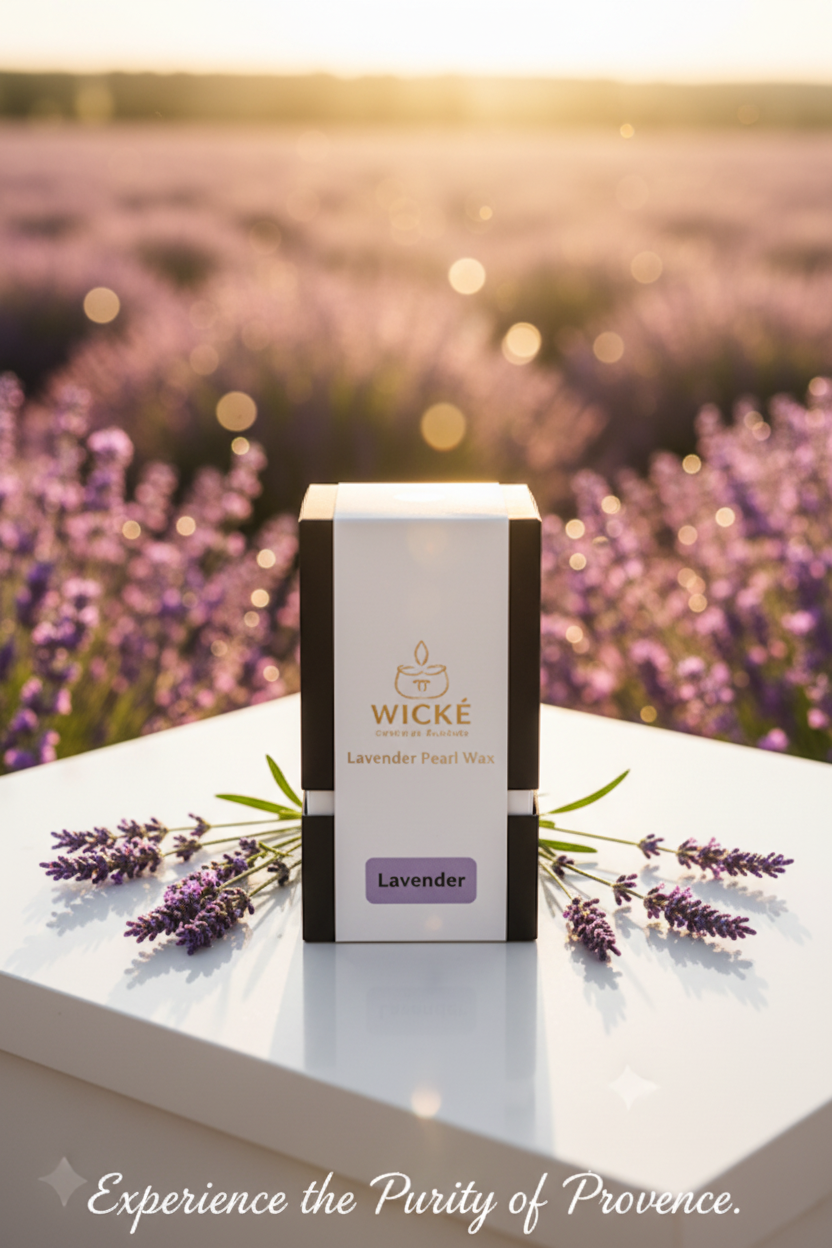 Wické Lavender Pearl Wax Candle package elegantly displayed against a beautiful, glowing purple lavender field at sunset.