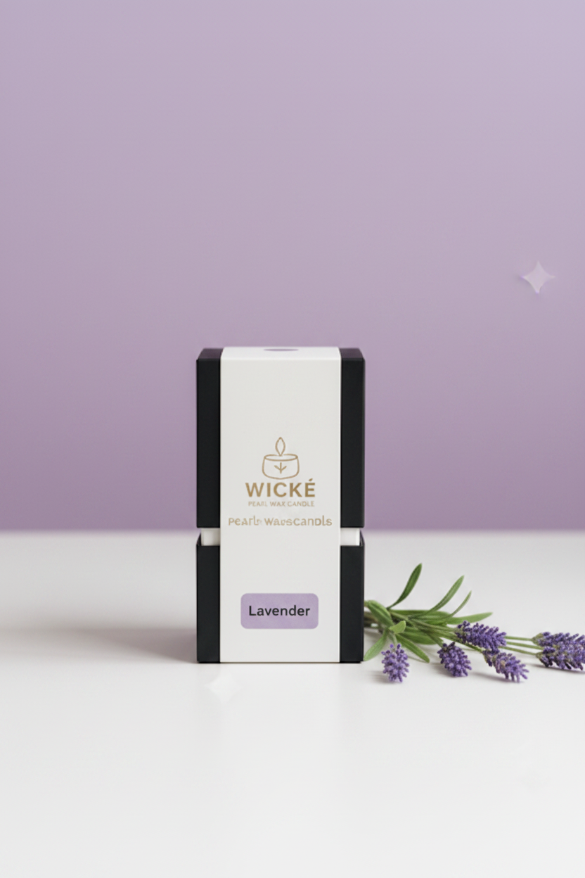 A single box of Wické Lavender Pearl Wax Candle sitting on a clean white surface against a soft lavender purple background, accented by a small bundle of fresh lavender sprigs.