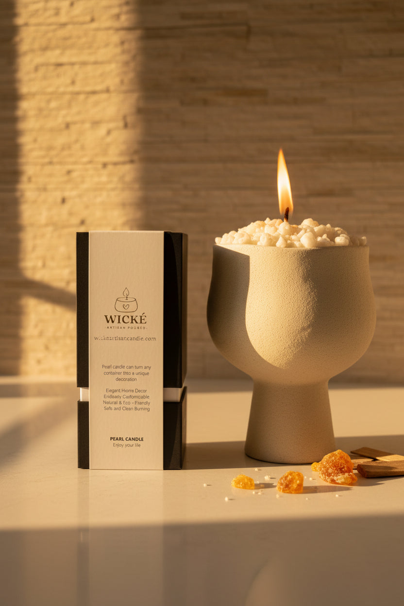 An atmospheric and sensory lifestyle photo. The WICKÉ Amber box sits on a textured linen towel next to a beautifully styled, large ceramic centerpiece vessel that is already pre-filled with pearl wax and is softly burning, casting a deep golden aura. The scent notes of amber resin and sandalwood are subtly visible near the flame.