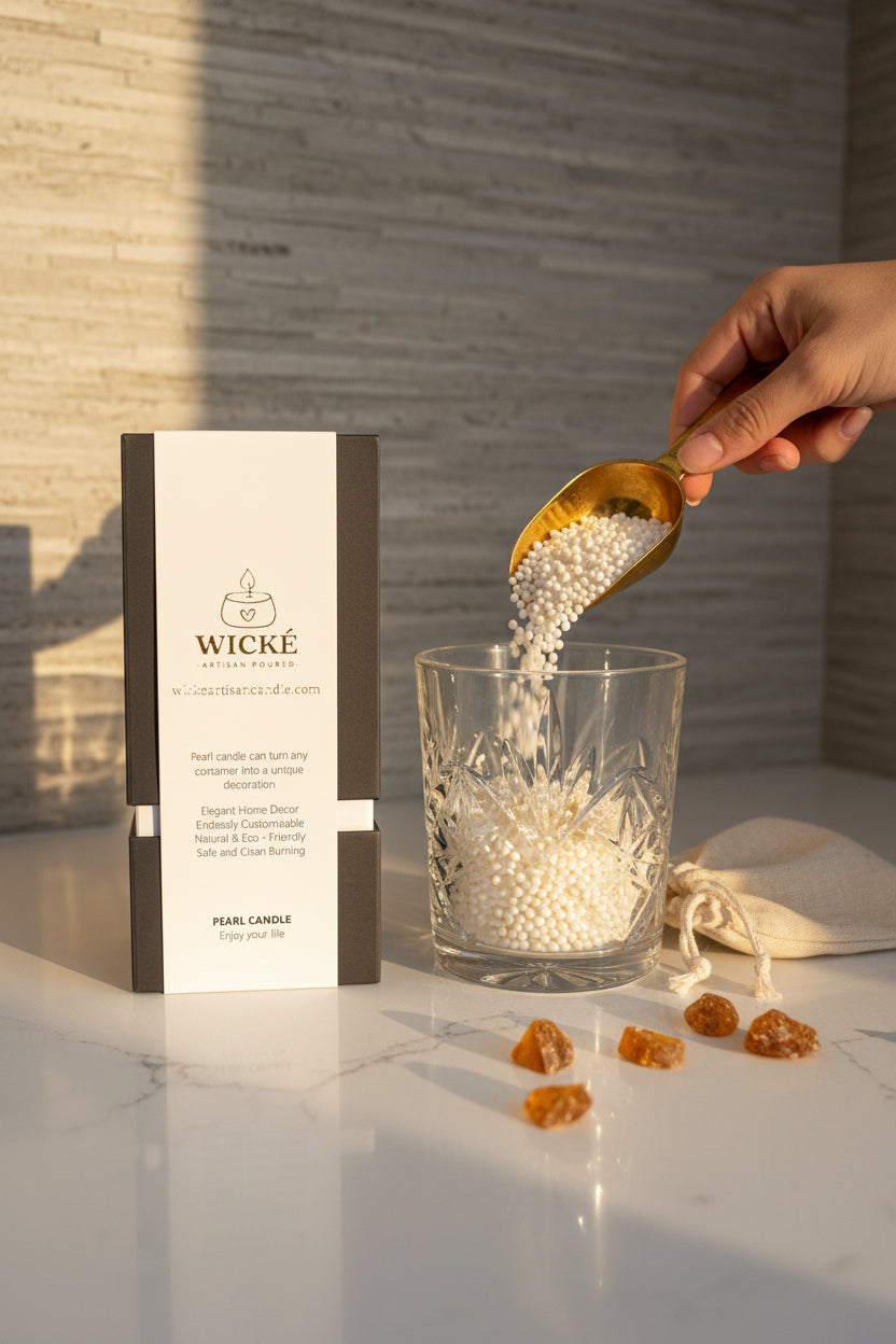 A high-energy, eye-catching "how-to" lifestyle photo showing creative reuse. The WICKÉ Amber box is in the foreground, with an artful pouring action in the background where pearl wax is being gently poured from a stylized scoop into an antique crystal whiskey tumbler, demonstrating how to transform any vessel into a candle centerpiece.