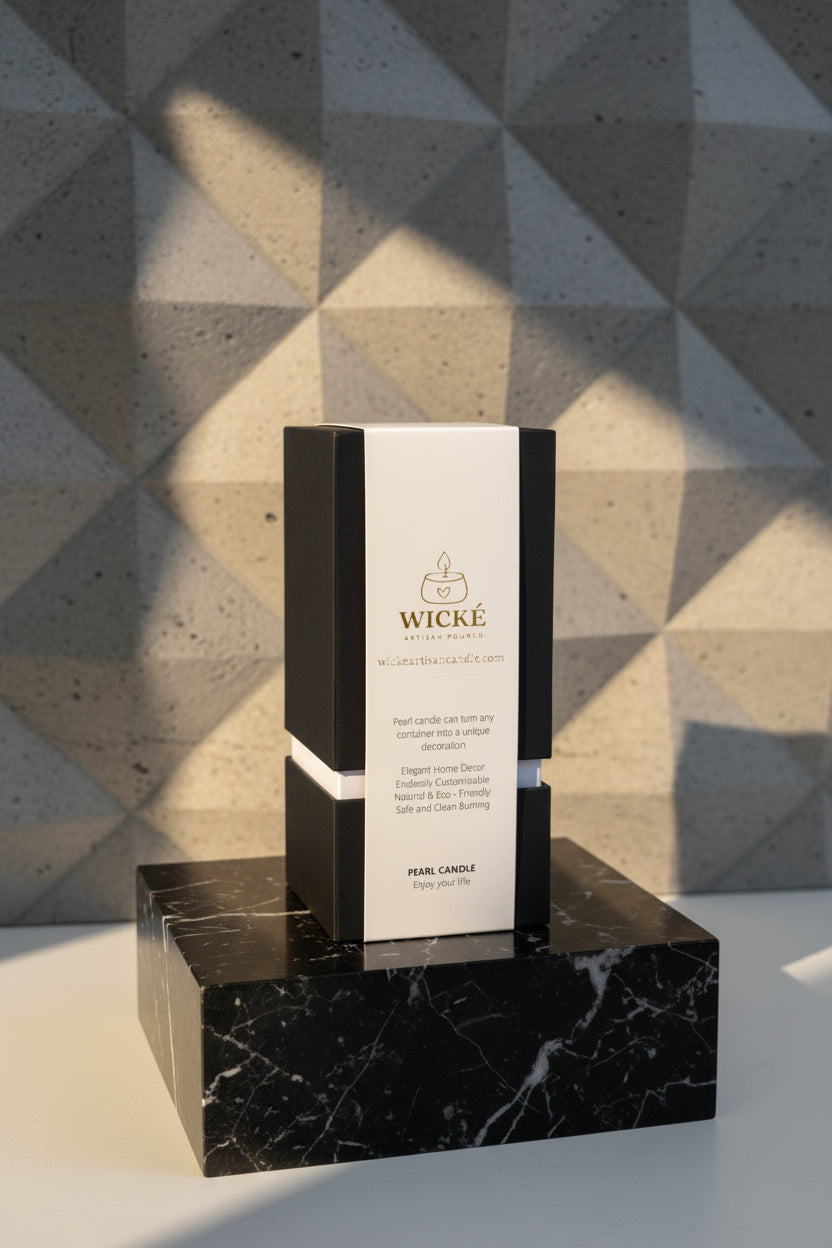 A striking, minimalist product shot. A single WICKÉ Amber Pearl Wax box is placed off-center on a highly polished black marble block. Behind it, a sophisticated, geometric concrete panel catches a focused beam of sunlight. The gold logo on the box pops against the monochrome background, appealing to the discerning decorator.