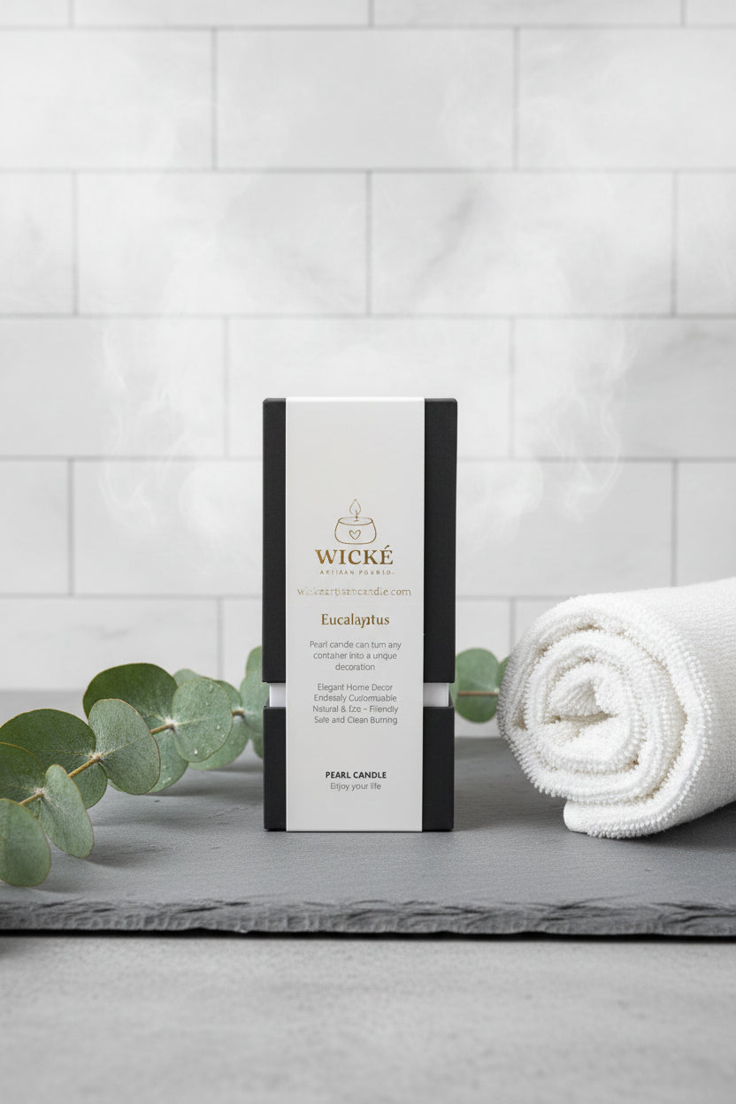 A premium black WICKÉ candle box with a gold "W" logo is centered on a light gray slate surface. It is surrounded by fresh, vibrant eucalyptus branches and a rolled white luxury spa towel. Soft steam gently rises in the background against a minimalist tiled wall, creating an inviting, high-end spa atmosphere.