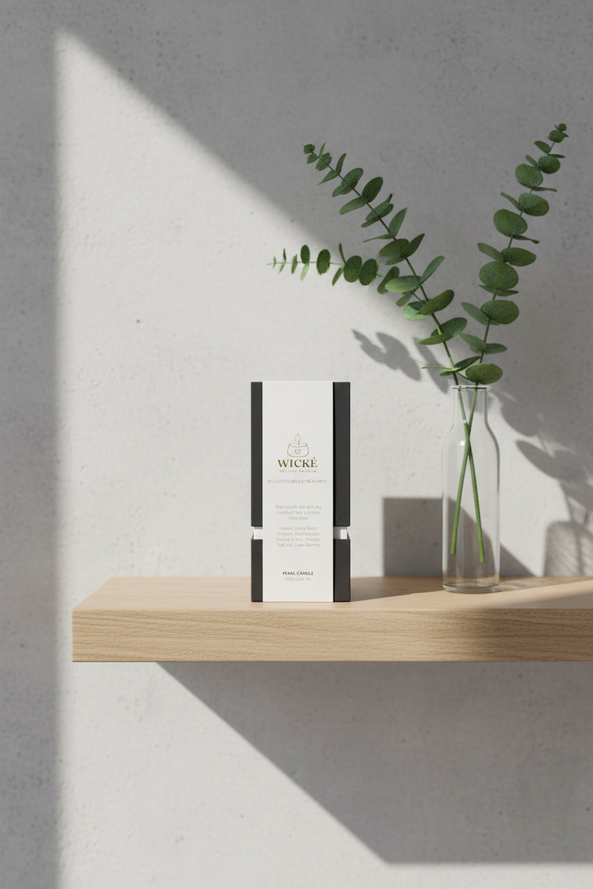 An elegant product shot of a single WICKÉ Eucalyptus Pearl Wax box styled on a floating light oak shelf. A clear glass vase holding fresh eucalyptus stems stands beside it, reflecting bright, natural morning sunlight against a textured concrete wall backdrop.