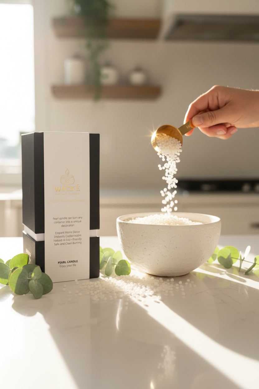 A dynamic, close-up lifestyle photograph showing a hand using a gold artisanal scoop to pour white pearl wax granules into a wide ceramic bowl next to a WICKÉ Eucalyptus box. Fresh eucalyptus leaves and scattered wax pearls decorate the bright counter