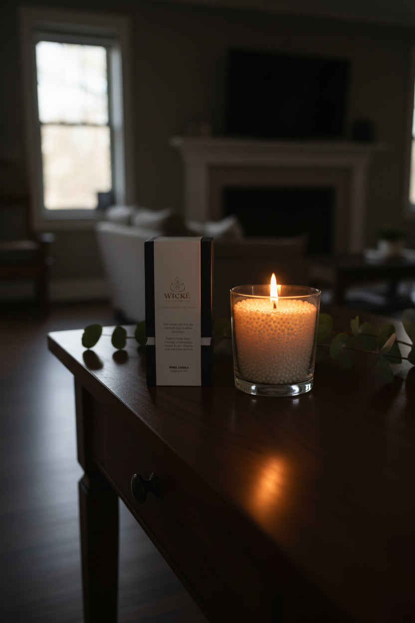 An atmospheric lifestyle image of a WICKÉ Eucalyptus box next to a glowing, lit glass candle centerpiece filled with pearl wax. The warm flame casts a soothing golden glow over fresh eucalyptus leaves on a dark wooden console table.