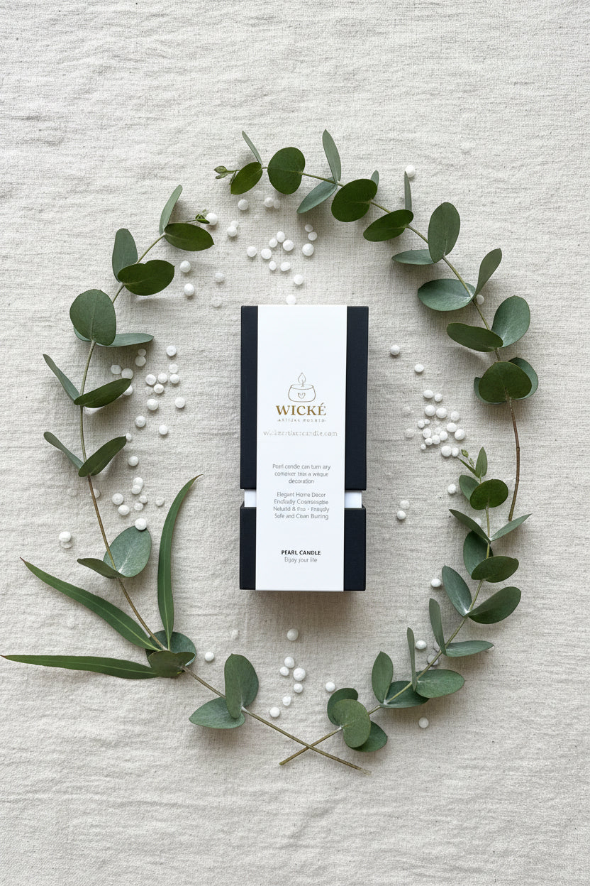 A flat lay product photograph of a WICKÉ Eucalyptus candle box centered on a textured linen surface, surrounded by an artistic arrangement of fresh eucalyptus sprigs, silver dollar eucalyptus leaves, and loose white wax pearls.