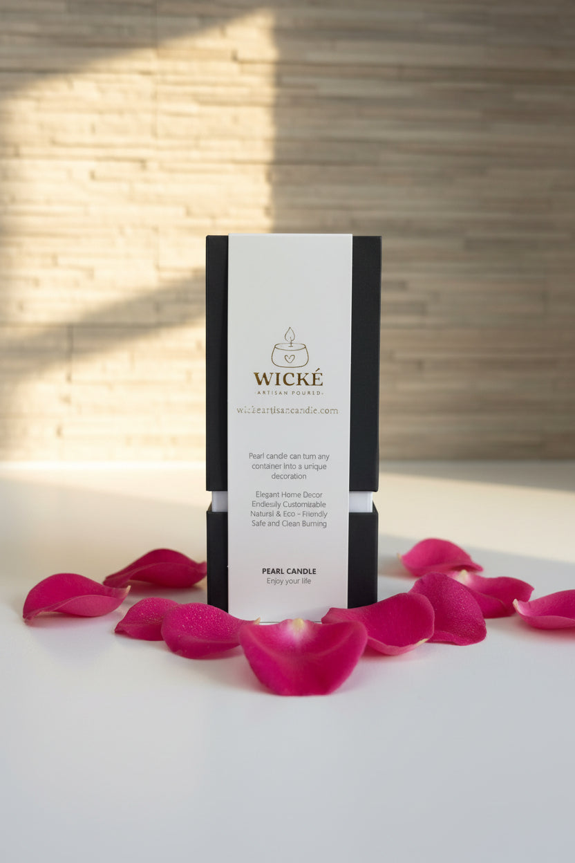 A single black-and-white WICKÉ Pearl Wax Candle box showcasing a clean label is centered on a polished white countertop. It is elegantly framed by lush, dewy English rose petals and a few fresh, deep pink rose blooms. Soft, warm morning sunlight filters in, creating a luxurious and inviting romantic atmosphere against a softly blurred stone wall background.
