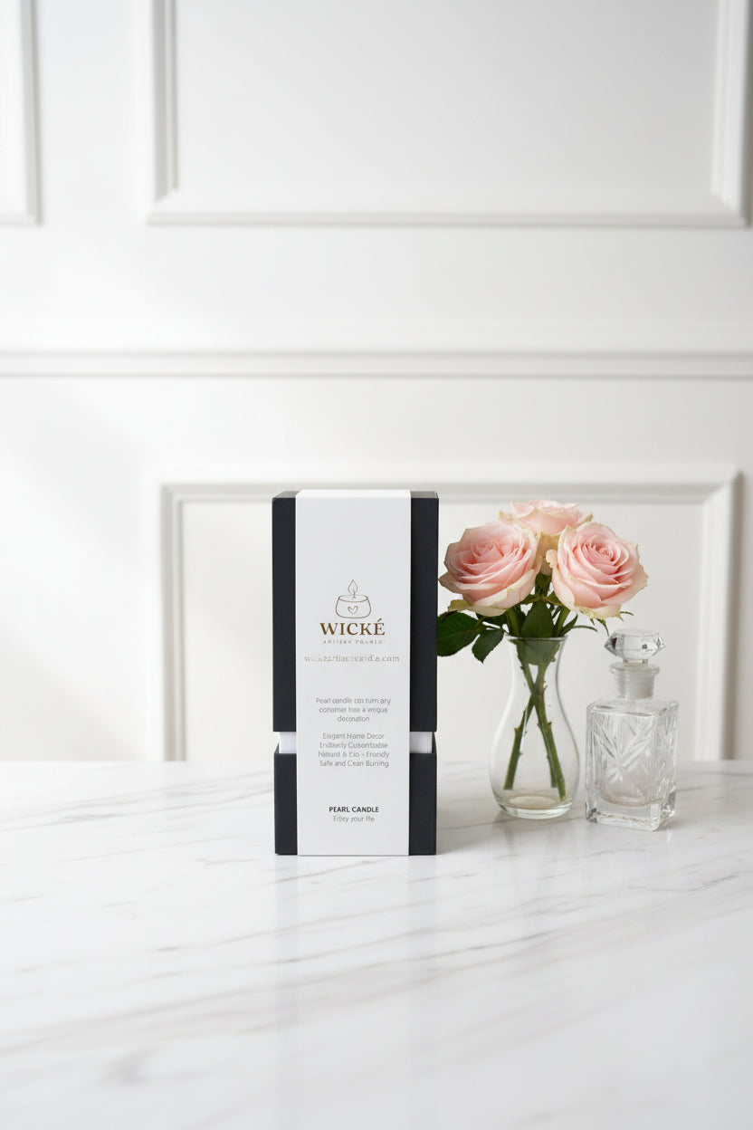An elegant product photograph of a single WICKÉ Rose Pearl Wax box styled on a chic marble vanity. A vintage crystal perfume bottle and a delicate bouquet of fresh pink roses in a small glass vase sit beside it, reflecting bright, airy light.