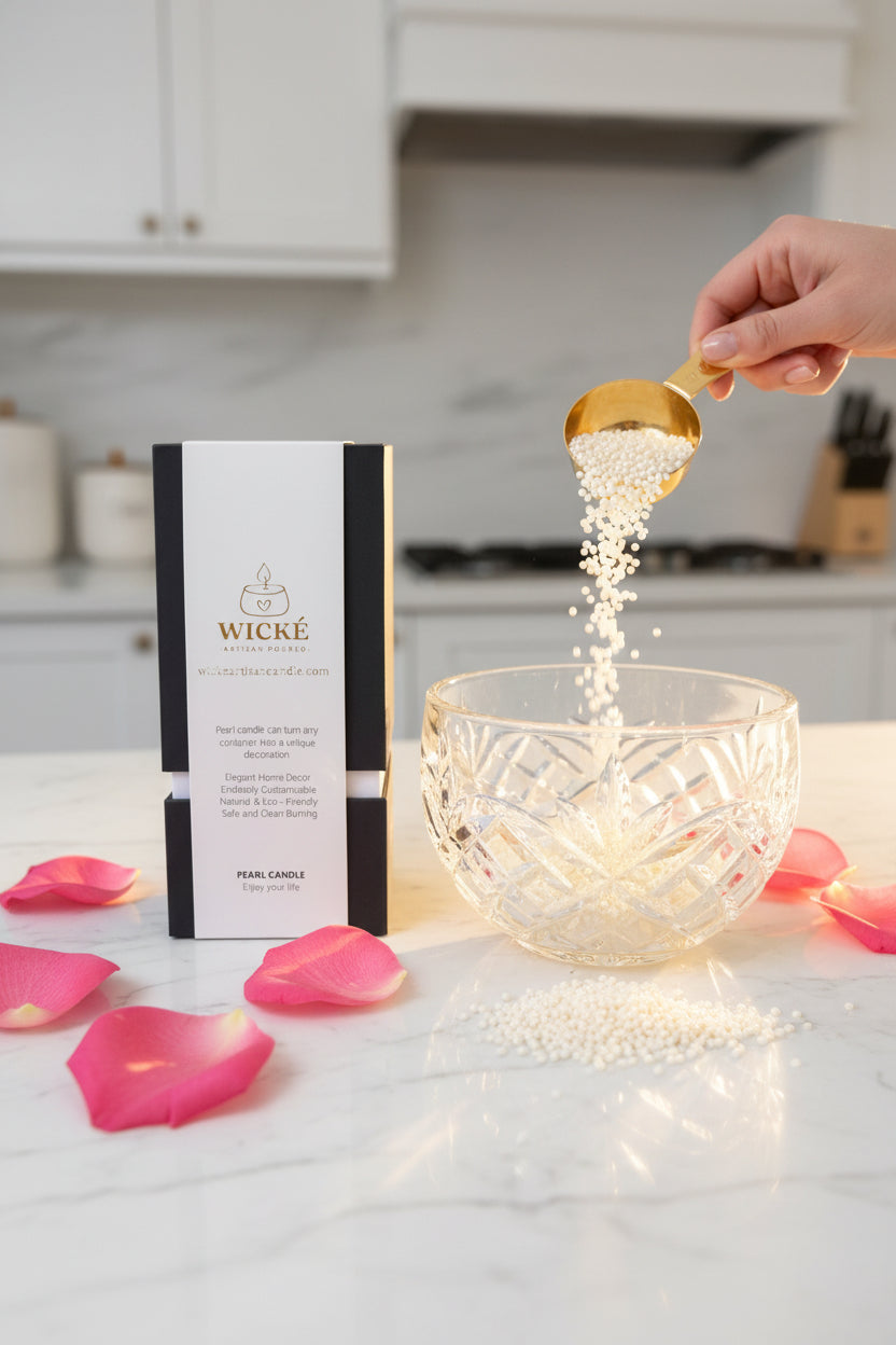 A dynamic close-up lifestyle photograph showing a hand using a gold artisanal scoop to pour white pearl wax granules into a wide crystal bowl next to a WICKÉ Rose box. Fresh rose petals and scattered wax pearls decorate the bright counter.