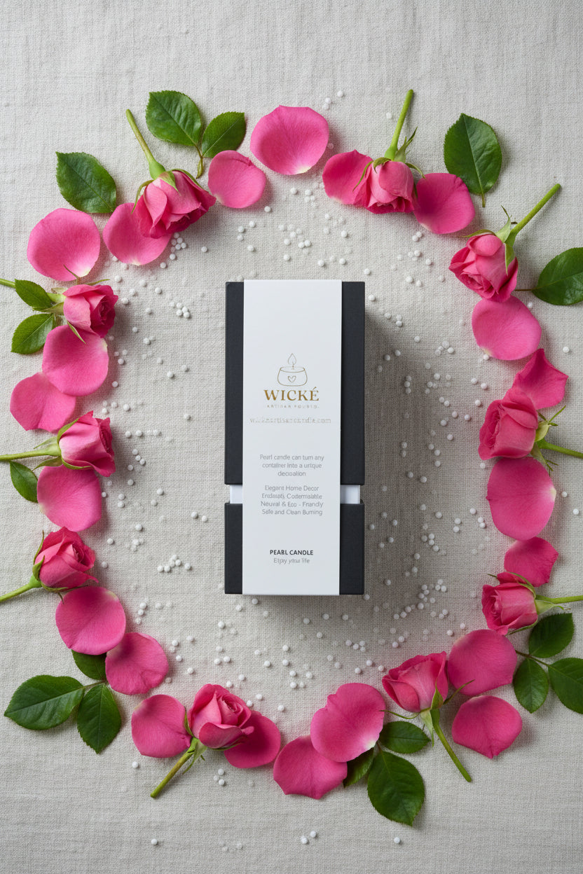 A top-down flat lay product photograph of a WICKÉ Rose candle box centered on a textured linen surface, surrounded by an artistic arrangement of fresh rose petals, green rose leaves, and loose white wax pearls.