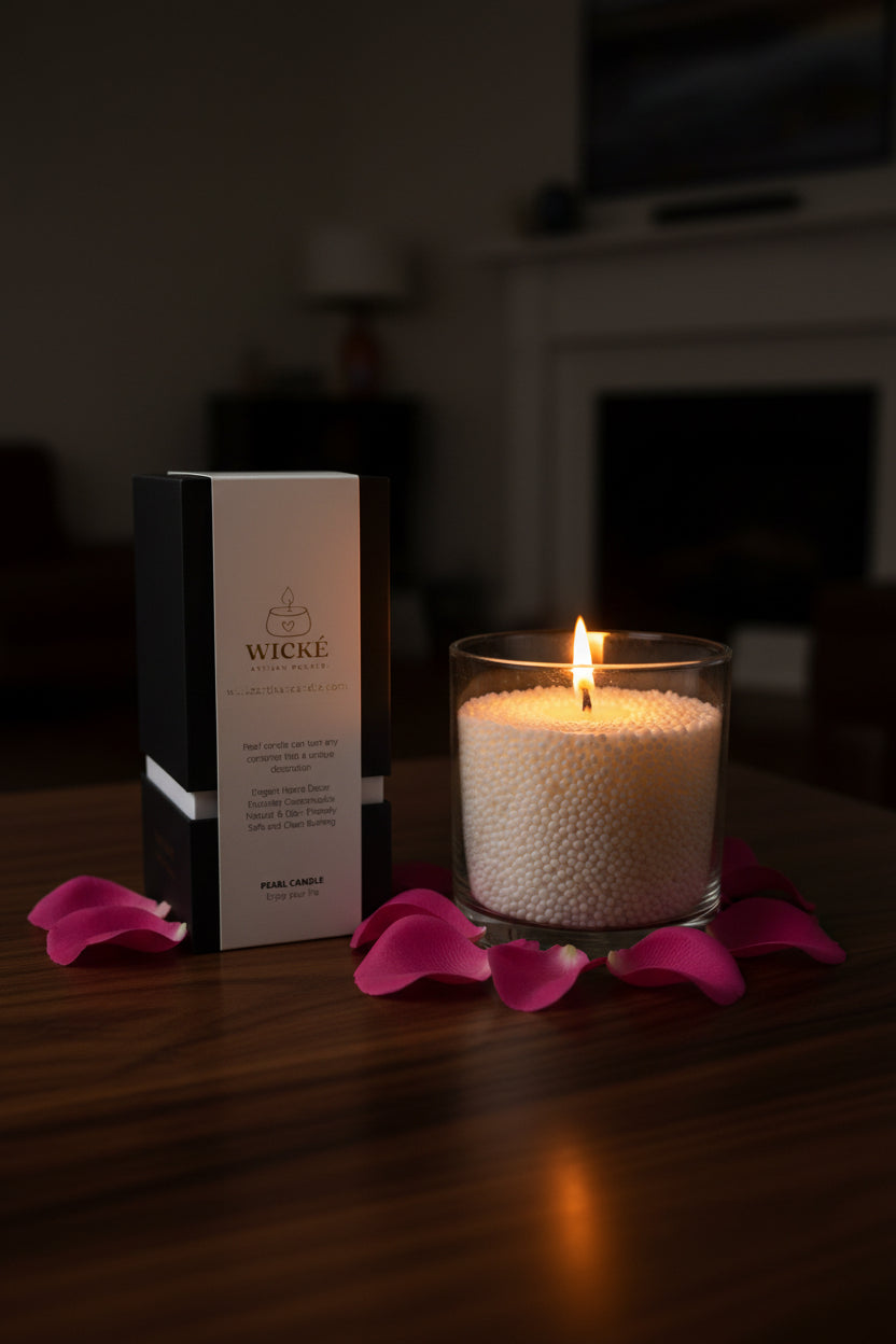 An atmospheric lifestyle image of a WICKÉ Rose box next to a glowing, lit glass candle centerpiece filled with pearl wax. The warm flame casts a soothing golden glow over fresh rose petals on a dark wooden console table.