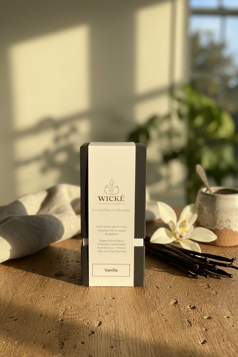 A single box of Wické Vanilla Pearl Wax Candle, showcasing a large gold "W" logo on the label, is centered on a polished white kitchen counter. It is artfully surrounded by raw vanilla bean pods, delicate blooming white vanilla orchid flowers, a ceramic jar, and an artisanal salt cellar with a silver spoon under warm, natural sunlight.