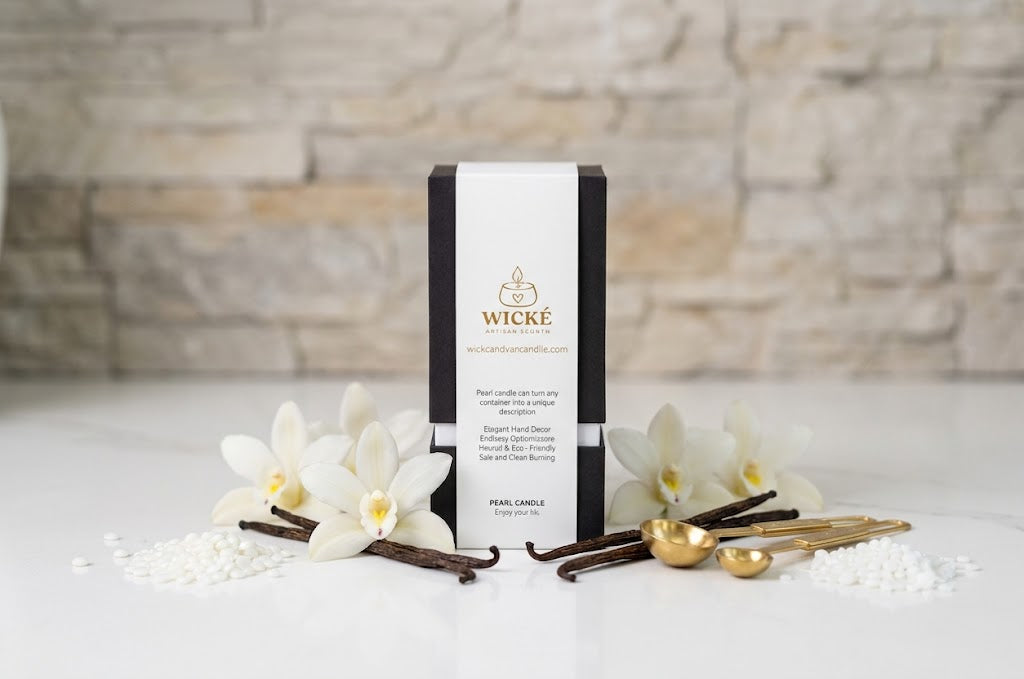 An isolated, high-resolution product shot of a single Wické Vanilla Pearl Wax Candle box on a polished white countertop. It is elegantly surrounded by raw vanilla bean pods, delicate blooming white vanilla orchid flowers, and artisanal gold measuring spoons, visually communicating the luxurious fragrance to the viewer against a softened stone wall background.