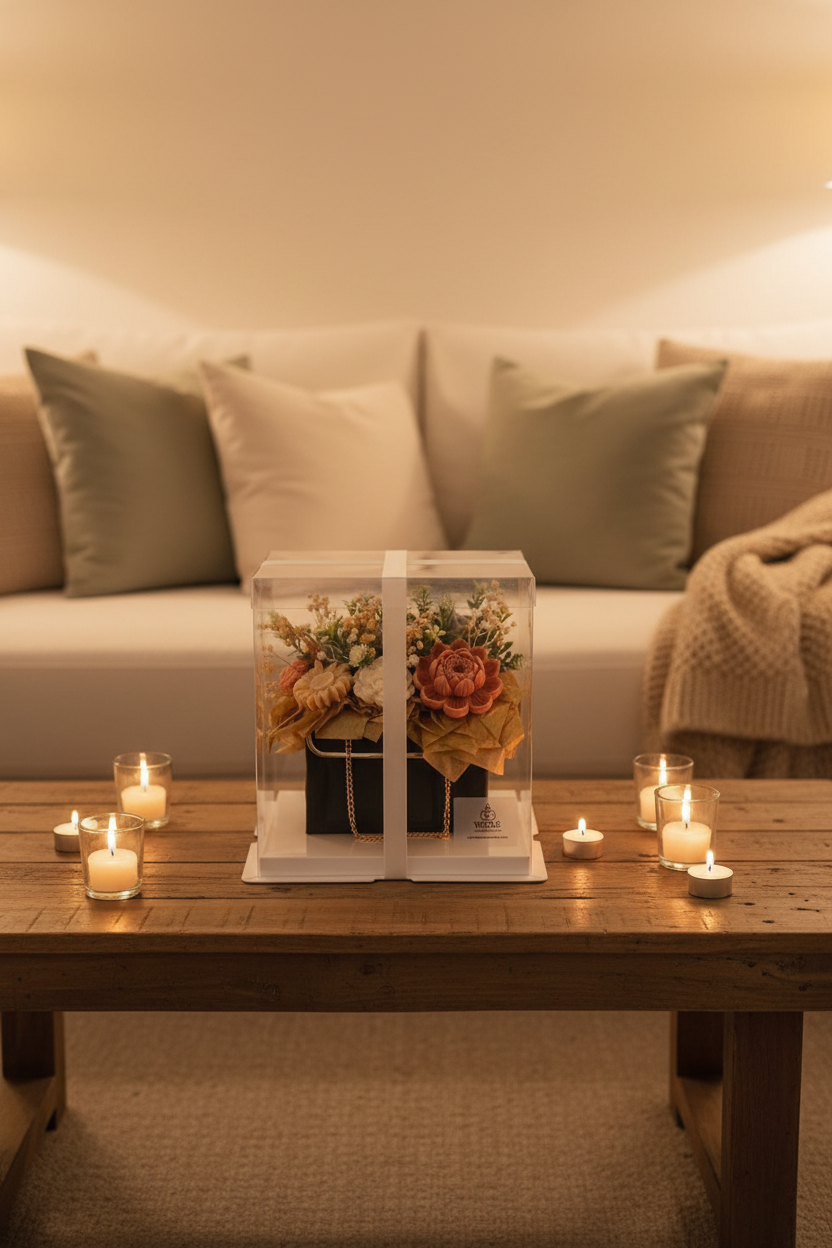 candle bouquet by Wické Artisan Candle, beautifully presented inside its clear premium acrylic display gift box with a white satin ribbon bow.