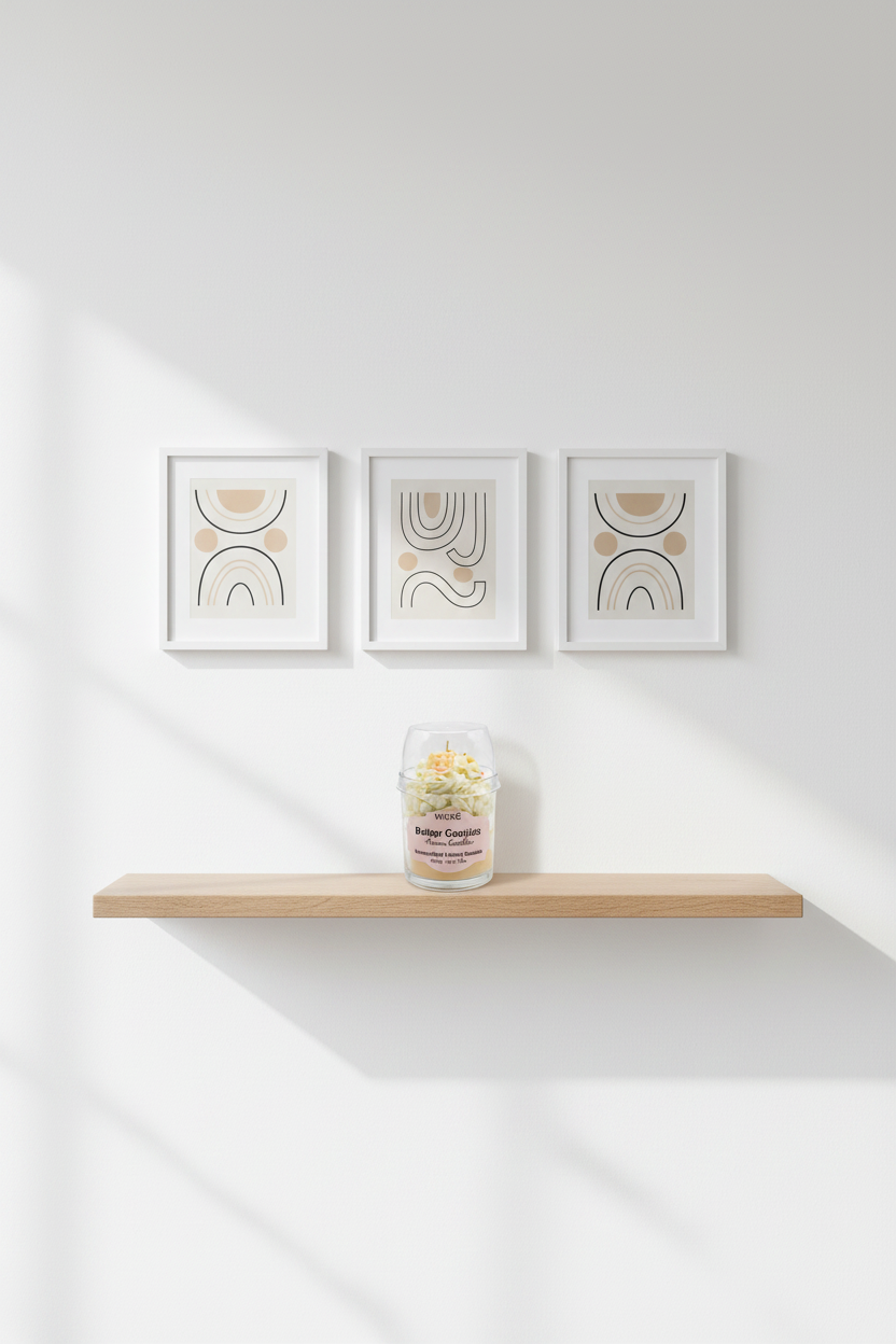 A WICKÉ Butter Cookies aroma candle in a clear glass jar with a clear plastic dome lid. The candle features a layered design with cream-colored frosting swirls, a yellow cracker cookie candle piece on top with small colorful sprinkles, and a pale yellow wax base.