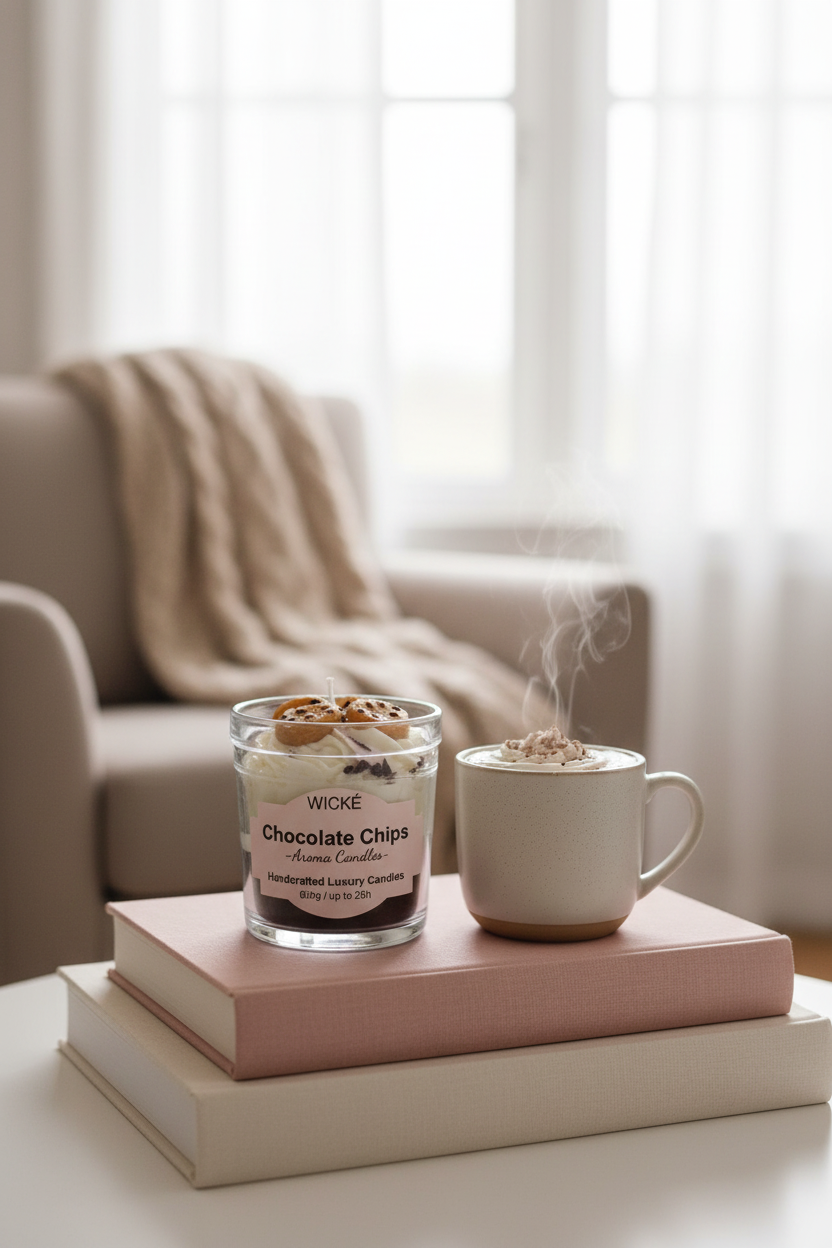 A WICKÉ Chocolate Chips aroma candle in a clear jar with a white wax base, decorated with white drizzle and chocolate chip cookies on top, under a clear protective dome lid.
