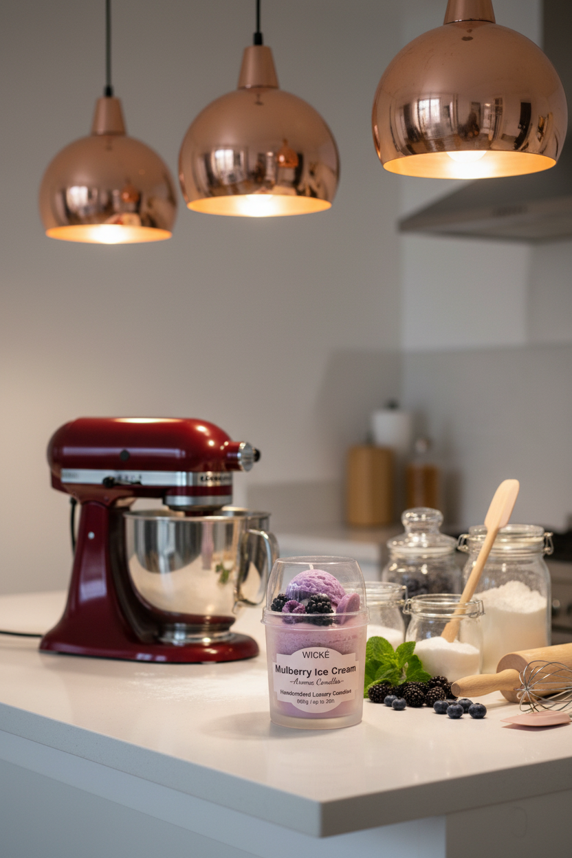 A WICKÉ Mulberry Ice Cream aroma candle in a clear plastic tub with a clear domed lid, decorated with purple ice cream scoops and blackberries, on a white background.