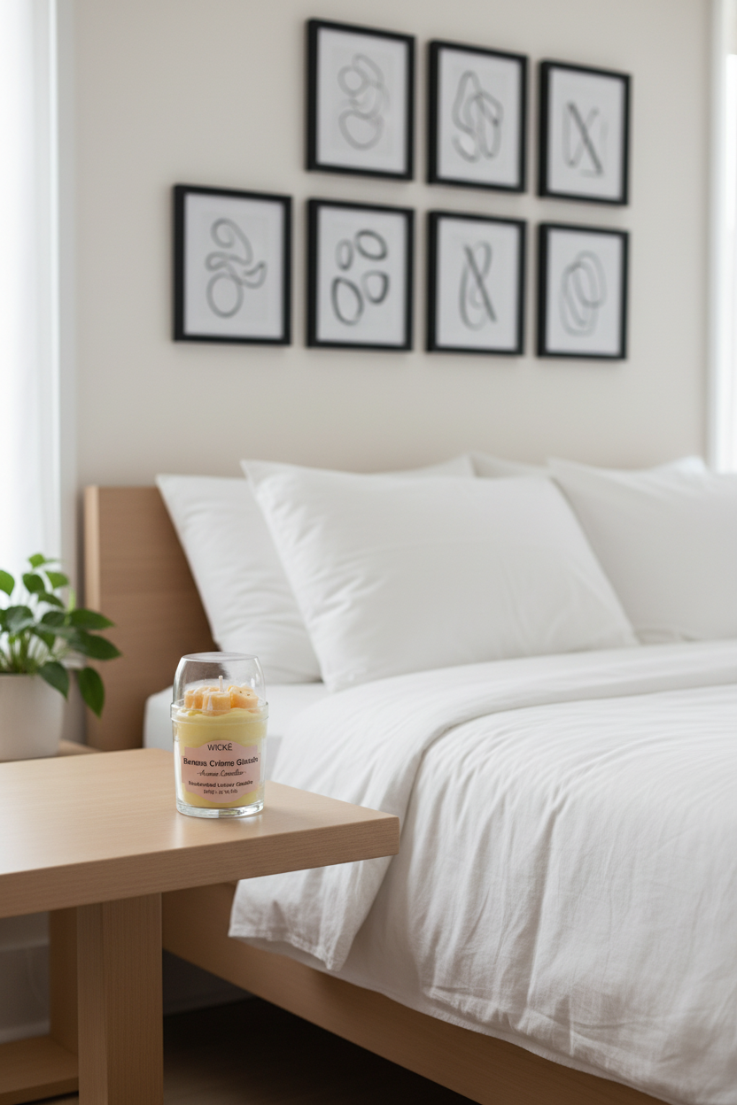 A WICKÉ Banana Crème Glacée aroma candle in a clear glass jar with a clear lid, filled with pale yellow wax and topped with three small yellow banana-shaped wax candles with white drizzle, on a white background.