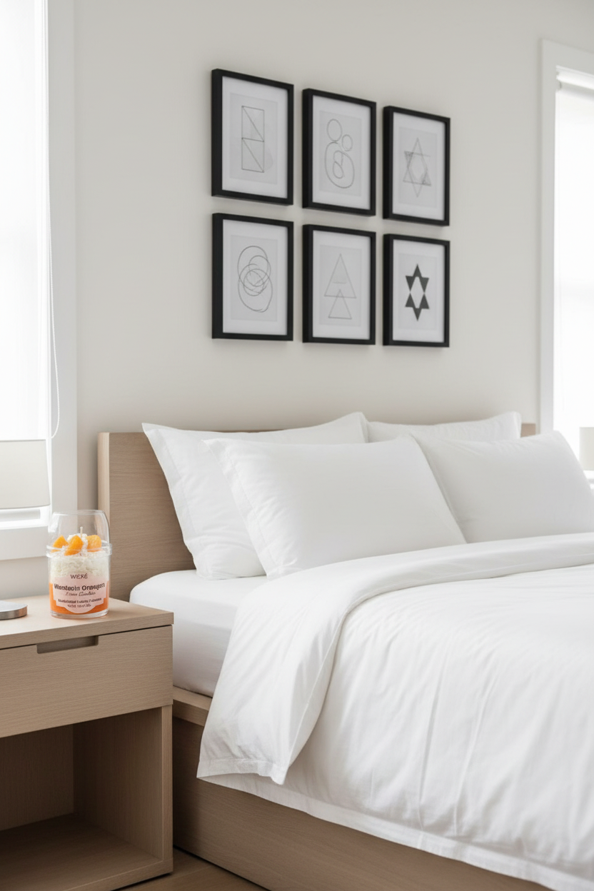 A WICKÉ 'Mandarin Oranges' scented candle in a clear glass jar with a clear glass dome lid, filled with white wax and topped with three orange mandarin segments, on a white background.