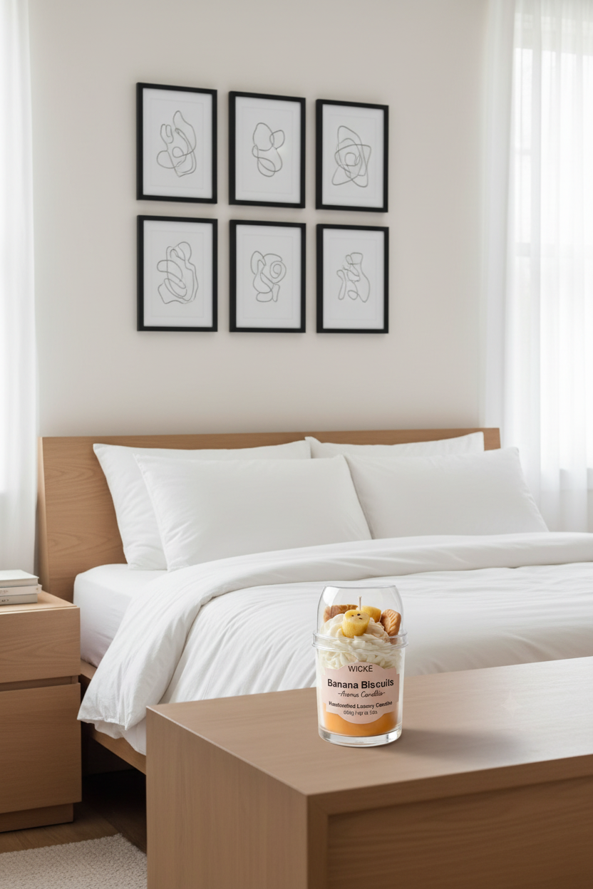 A WICKÉ Banana Biscuits aroma candle in a clear glass jar with a clear lid, filled with white wax and topped with a banana-shaped candle and biscuit decorations, on a white background.
