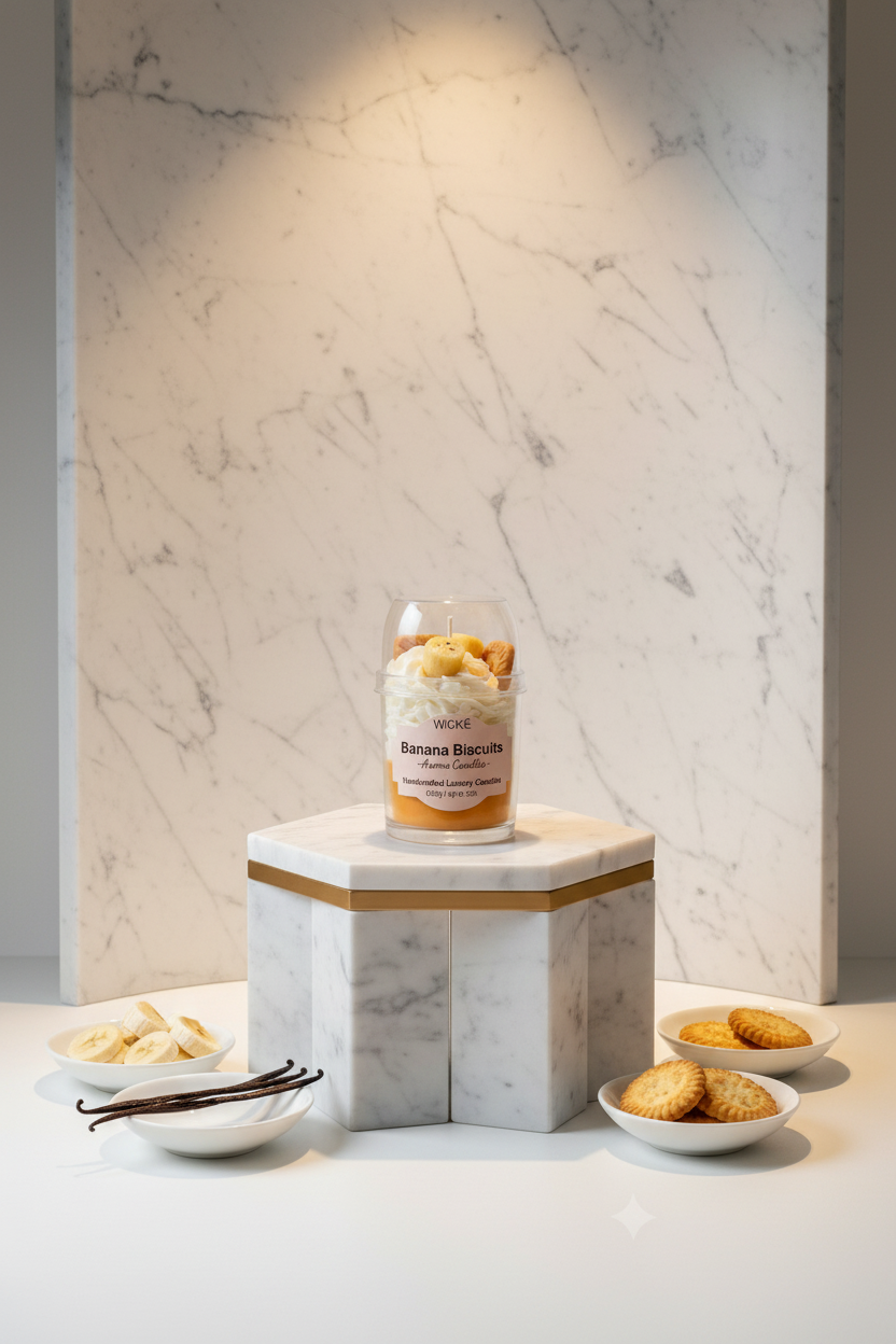 A WICKÉ Banana Biscuits aroma candle in a clear glass jar with a clear lid, filled with white wax and topped with a banana-shaped candle and biscuit decorations, on a white background.