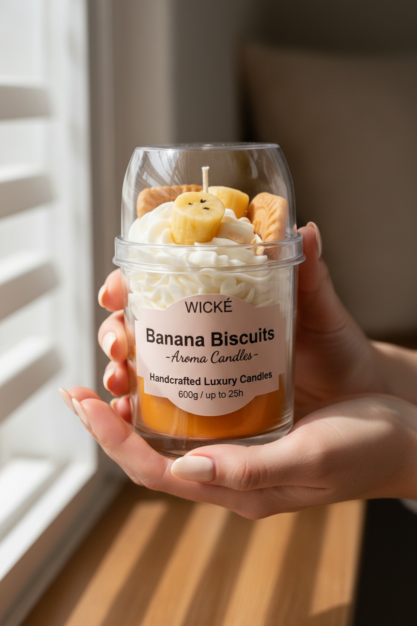 A WICKÉ Banana Biscuits aroma candle in a clear glass jar with a clear lid, filled with white wax and topped with a banana-shaped candle and biscuit decorations, on a white background.
