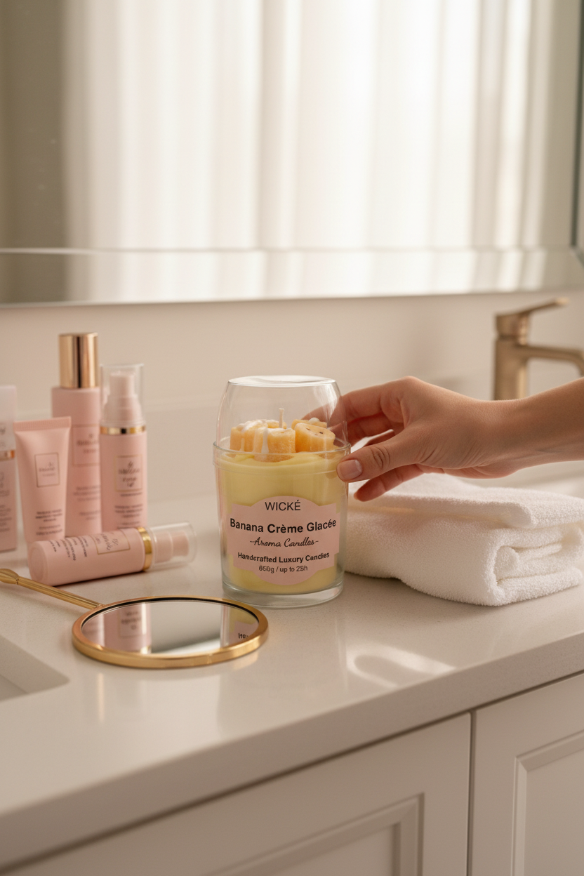A WICKÉ Banana Crème Glacée aroma candle in a clear glass jar with a clear lid, filled with pale yellow wax and topped with three small yellow banana-shaped wax candles with white drizzle, on a white background.