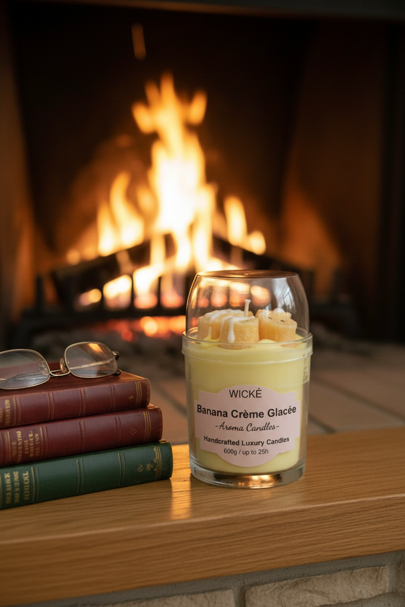 A WICKÉ Banana Crème Glacée aroma candle in a clear glass jar with a clear lid, filled with pale yellow wax and topped with three small yellow banana-shaped wax candles with white drizzle, on a white background.