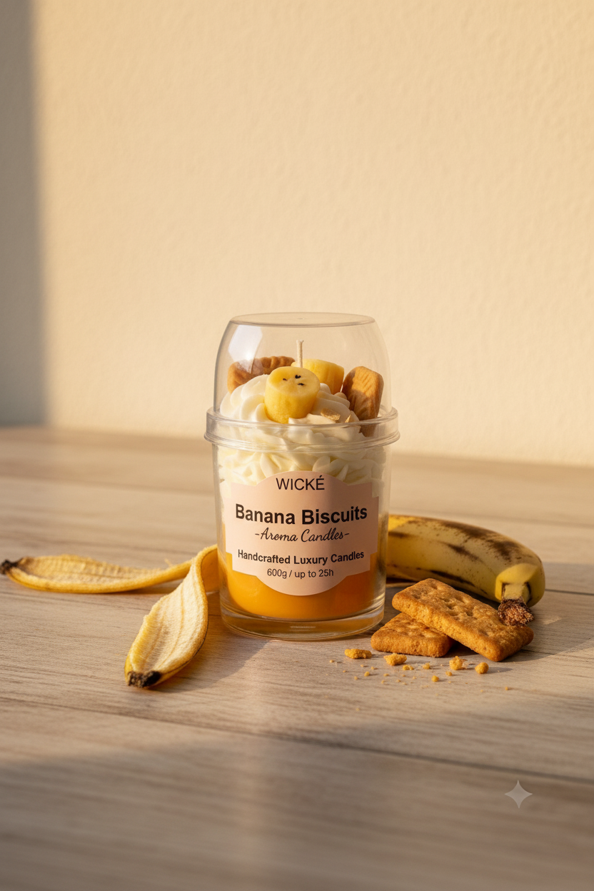 A WICKÉ Banana Biscuits aroma candle in a clear glass jar with a clear lid, filled with white wax and topped with a banana-shaped candle and biscuit decorations, on a white background.