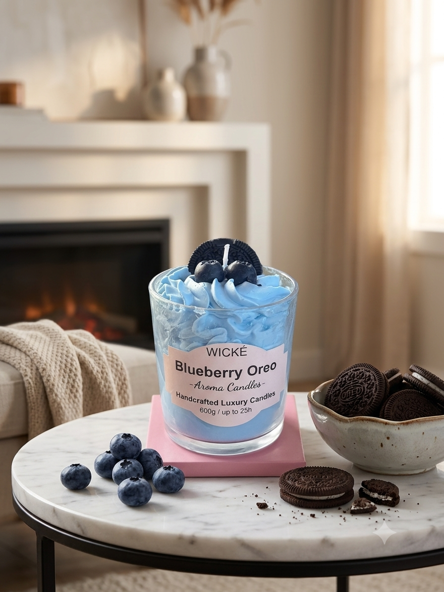 A lit scented candle in a clear glass jar sits on a round marble table in a cozy living room setting. The candle is topped with light blue frosting-like material and fresh blueberries, with a pink base.