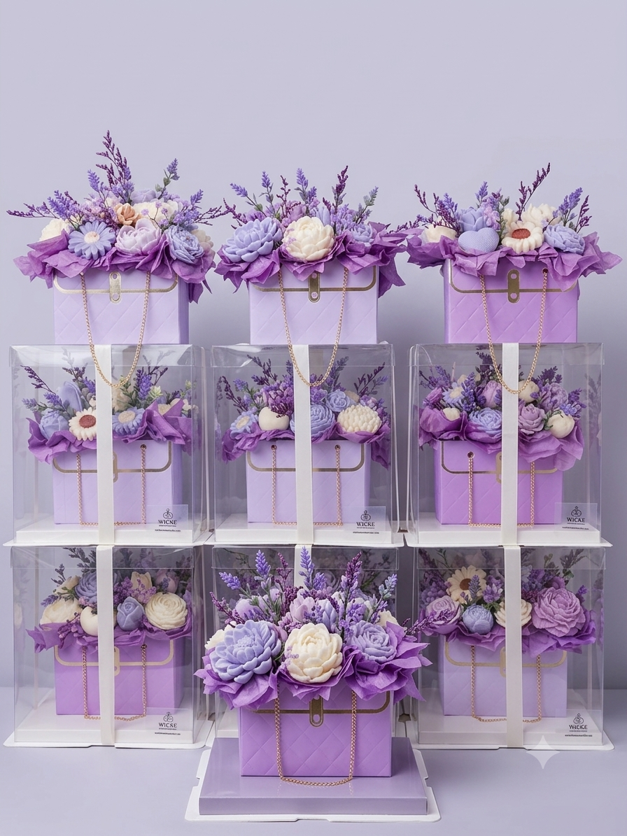 A group of seven handcrafted purple quilted purse floral candle bouquets stacked together, each featuring a lavender and purple botanical arrangement and showcased inside individual premium clear acrylic display boxes