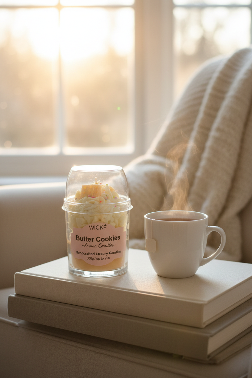 A WICKÉ Butter Cookies aroma candle in a clear glass jar with a clear plastic dome lid. The candle features a layered design with cream-colored frosting swirls, a yellow cracker cookie candle piece on top with small colorful sprinkles, and a pale yellow wax base.